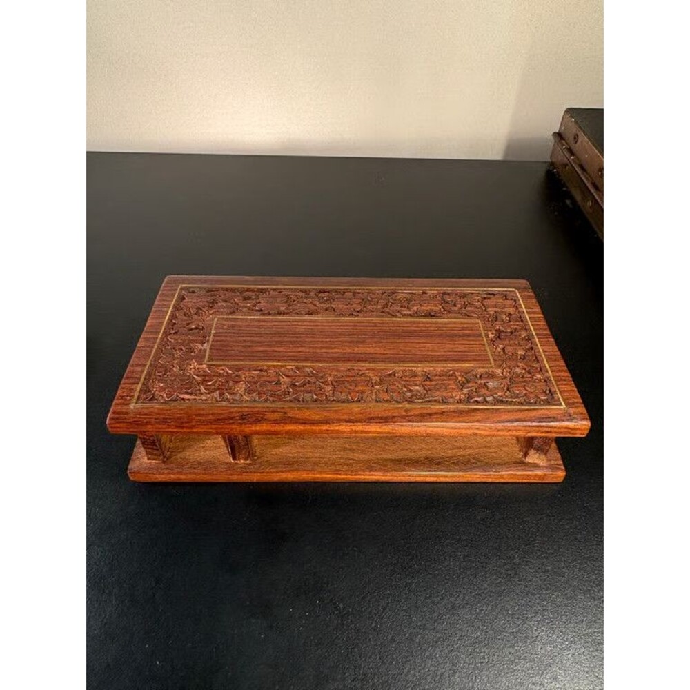 Carved Hardwood Sliding Lid Box Brass Wire Inlay Floral Vine Anglo Indian 9 in